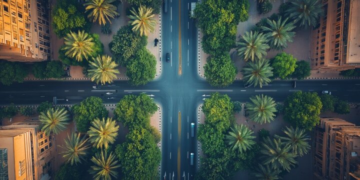 Riyadh cityscape with palm trees framing roads in saudi arabia