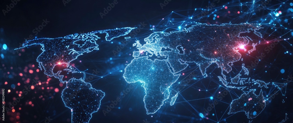 Poster world map connecting dots and lines illustrating global network technology