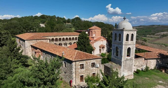 Aerial: Saint Mary Monastery during the day in Apollonia, Fier County, Albania, orbit drone shot