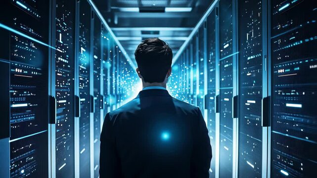 Rear view of man among servers