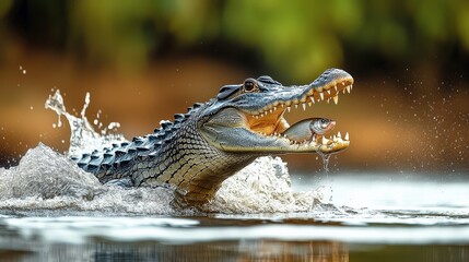 Obraz premium A crocodile lunges through the water with a fierce expression, capturing the raw power of nature and the dynamic relationship between predator and prey.