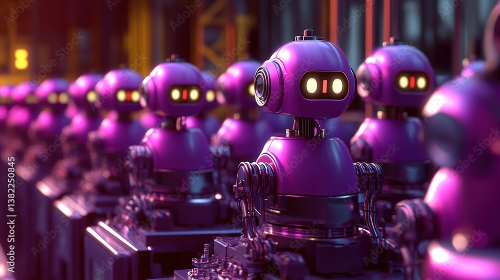 Poster assembly line robots optimizing mass production efficiency.