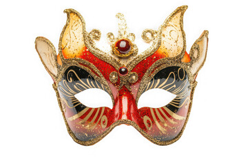 A Venetian masquerade mask, a fiery dance of red and gold, hinting at mystery and elegance with glittering details and intricate design.