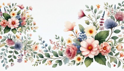 A colorful floral border in a watercolor style, featuring soft pink, peach, and yellow flowers, with hints of purple and blue