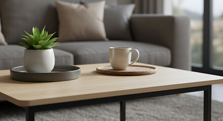 Obraz premium Modern Coffee Table Setting: Succulent, Ceramic Mug, & Textured Coasters