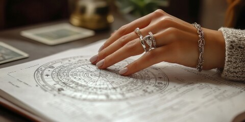 Astrologer reading natal chart with hand on horoscope wheel