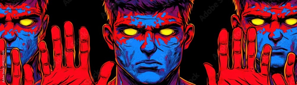 Poster intense portrait of a stylized character with neon colors and dramatic expression highlighting emoti