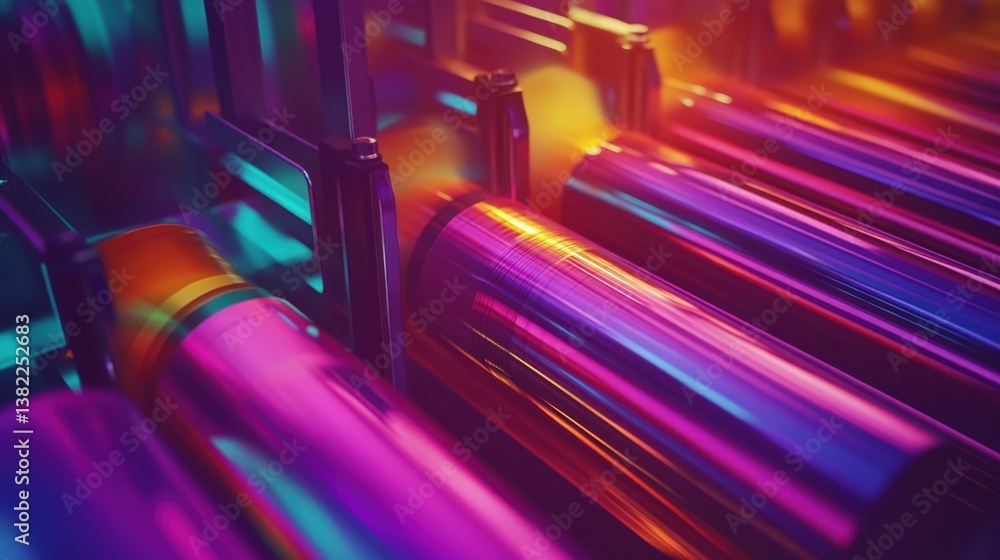 Poster dynamic shot of printing press rollers, showcasing the smooth transition of vivid inks