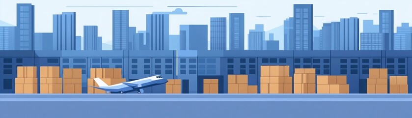 Naklejka premium Airplane on Runway at Cargo Terminal with Boxes and Urban Skyline in Background Depicting Transportation and Logistics Industry in a Stylized Design