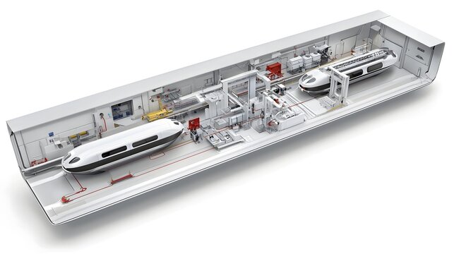 Cutaway diagram showcasing the interior design and advanced features of a high speed hyperloop transportation system with levitating pods in motion