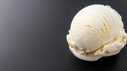 Delicious scoop of vanilla ice cream on dark background, showcasing texture and creamy indulgence.