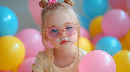 Obraz premium Young Girl with Pink Glasses and Balloons