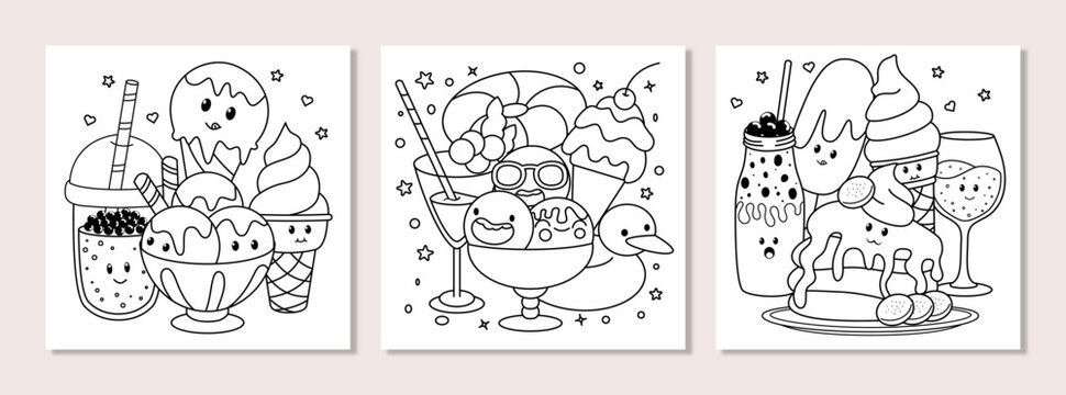 Hand drawn adorable kawaii ice cream, drinks and dessert coloring pages. Cute food coloring book illustration vector design for kids and adults.