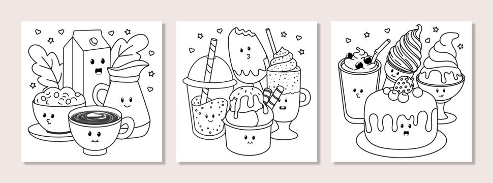 Hand drawn adorable kawaii dessert coloring pages with coffee, ice cream, pudding, cake, juice, boba milk. Cute food and drink illustration for kids and adults.