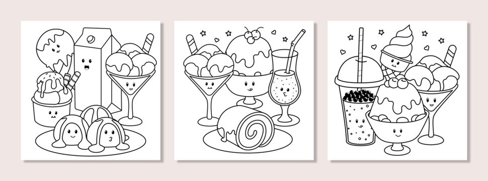 Hand drawn fun and adorable kawaii dessert coloring pages with ice cream, gelato, mochi, cake, pudding and boba milk tea. Cute sweets, drinks, and treats illustration for kids and adults.