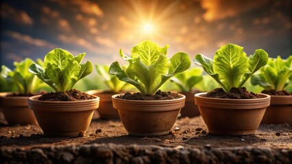 Fototapeta premium Young lettuce seedlings thriving in terracotta pots bathed in the warm glow of the setting sun, a symbol of growth and new beginnings in a flourishing garden