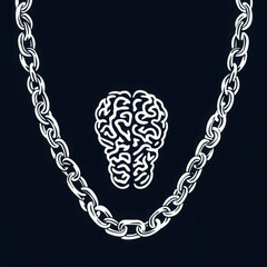 Artistic representation of a human brain encircled by a heavy chain in a dark background, symbolizing mental restraint and psychological struggles.