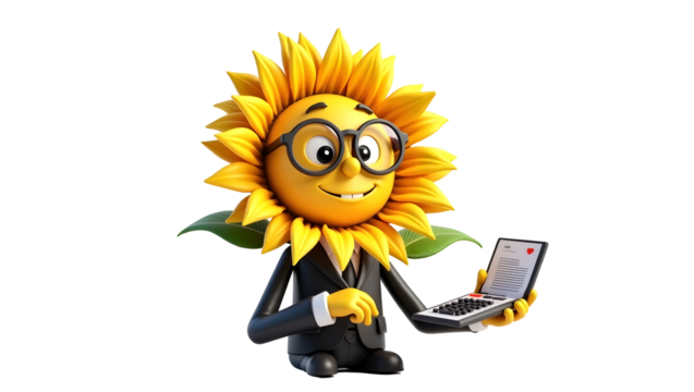 Sunflower Character Using Laptop in Suit Cartoon Illustration on Black