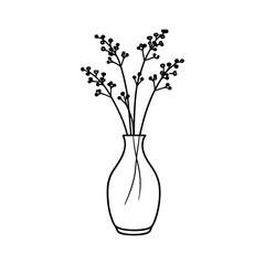 Line art vector style illustration of a small glass vase with baby's breath flowers.eps