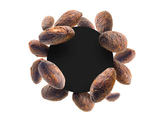 Cocoa beans on a white background with a black circle in the center
