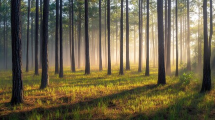 Obraz premium A tranquil pine forest covered in morning mist