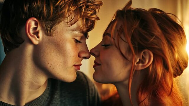 romantic teenager love couple lean to kissing at home	
