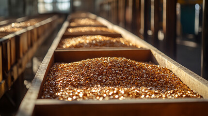 Metallic raw materials such as gold, copper, and silver particles arranged in wooden boxes, showcasing granules for processing, symbolizing industrial production and metal manufacturing