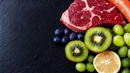 Raw Beef Steak And Fresh Fruits On Dark Background
