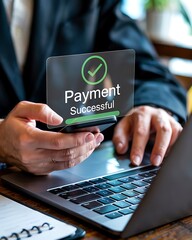 Mobile Payment Successful Transaction with Green Checkmark Icon on Smartphone Screen and Hands Typing on Laptop in a Secure Digital Finance Business Setting