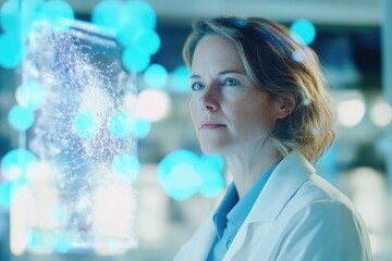 A female scientist examines a complex network visualized on a futuristic interface, contemplating data and research.