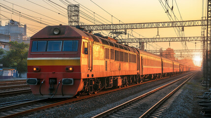 Fototapeta premium Passenger train locomotive railway tracks transport golden hour sunset sunrise
