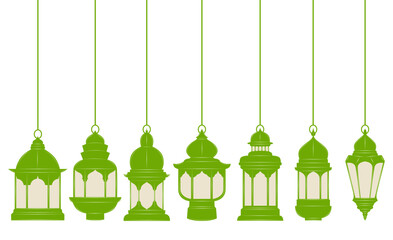 Set vector green Islamic hanging lamp icon. Arabic lanterns Ramadhan decoration design vector Illustration