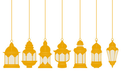 Set vector gold Islamic hanging lamp icon. Arabic lanterns Ramadhan decoration design vector Illustration
