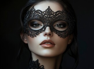 Woman Wearing Elegant Lace Mask for Mystery and Glamour Concept