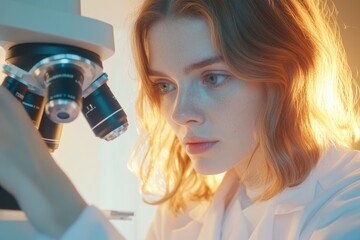 A young woman scientist uses a microscope in a lab, deeply focused on her research and discovery.
