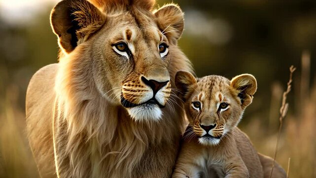 Lion and cub in the African savanna at sunset.