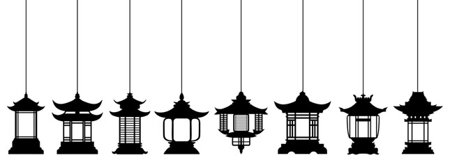Set vector silhouette Japanese Hanging lamp icon. lanterns decoration design vector Illustration
