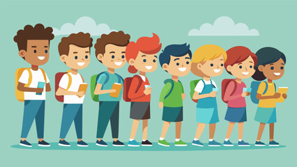 A line of students eagerly waiting to participate in a sponsored run to raise money for new school equipment and facilities.. Vector illustration
