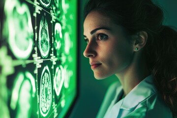A female doctor attentively examines brain scan images on a monitor, deeply engrossed in medical diagnosis.