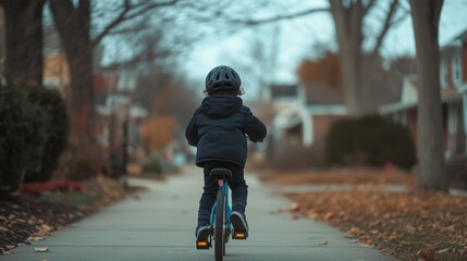 Obraz premium Young boy rides bike down residential street, autumn leaves on ground.