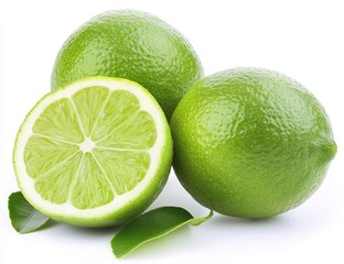 Fresh Green Limes Still Life with Half Cut Lime on White