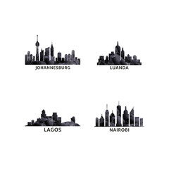 Fototapeta premium Africa region cities logo and icon set. Vector graphic collection for Johannesburg, Luanda, Lagos, Nairobi. Kenya, Nigeria, Angola, South Africa skyline emblems