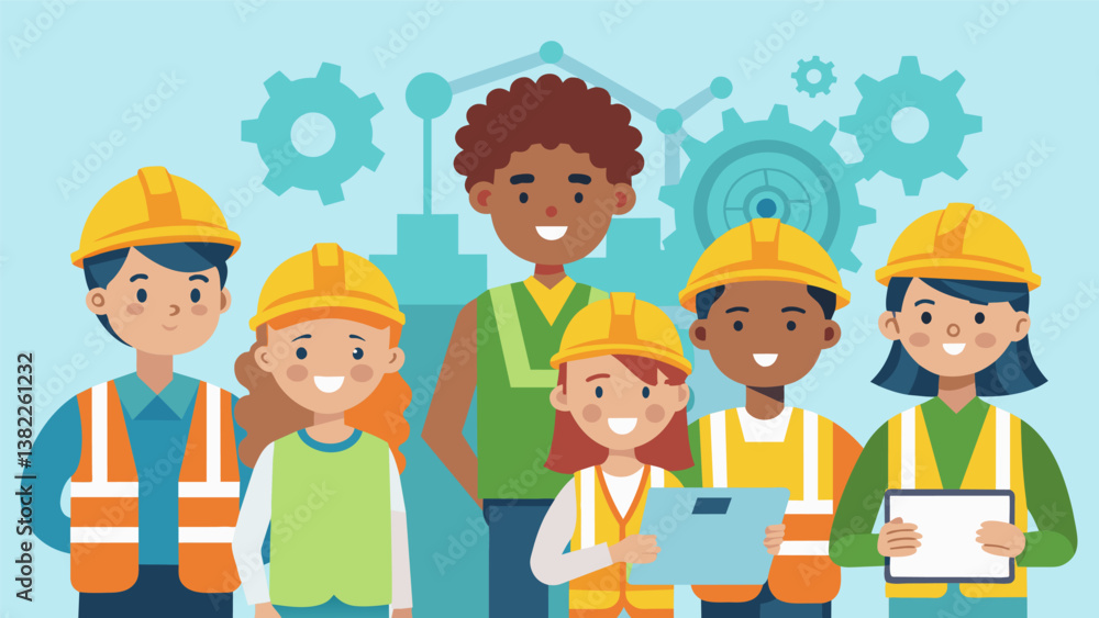 Poster a group of students wearing construction hats and safety vests learning about the different types of