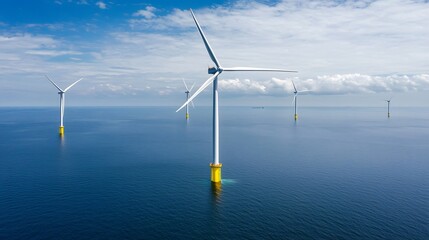 Multiple offshore wind turbines with their distinctive blades and towers standing tall in the calm reflective ocean waters their submerged bases extending deep below the surface