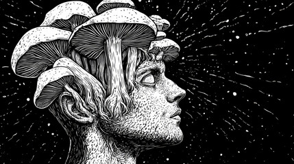 man head with mushrooms growing from the top, symbolizing imagination, nature, altered consciousness sketch engraving generative ai PNG illustration. Scratch board imitation. Black and white image. 
