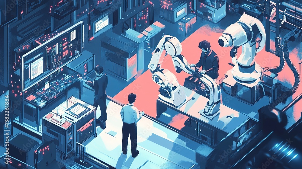 Poster workers collaborating with robots in a modern production factory.