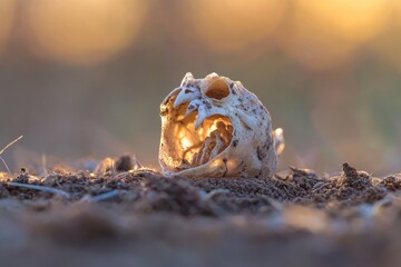 A bleached animal skull rests on the ground, bathed in the warm glow of the setting sun.