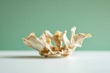 Close-up of a delicate, bleached animal vertebra, showcasing intricate bone structure against a muted green backdrop.