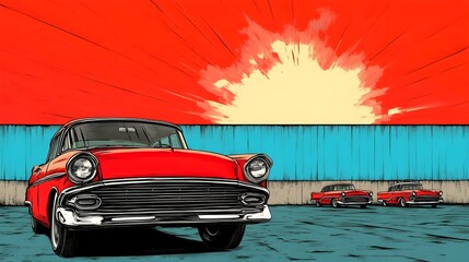 Obraz premium Retro Red Car in Parking Lot with Sunset Background