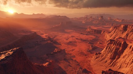 Majestic Red Rock Canyon Landscape Under Dramatic Sky at Sunrise or Sunset